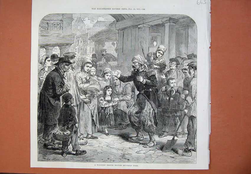 Original Old Antique Print Scene Wounded French Sier 1871 War Women Children