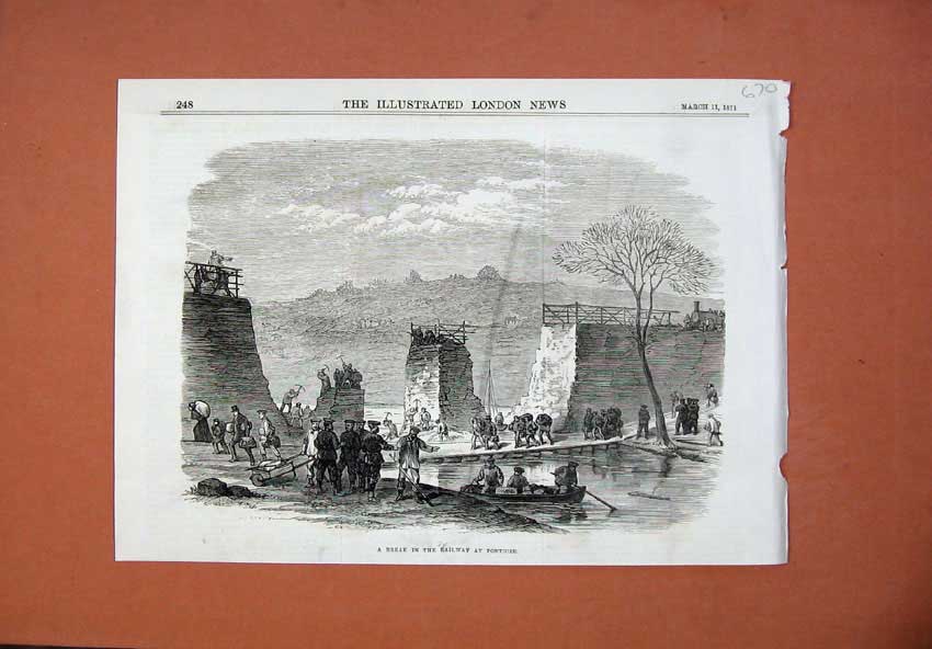 Original Old Antique Print 1871 Break Railway Pontoise River Men Working Boats