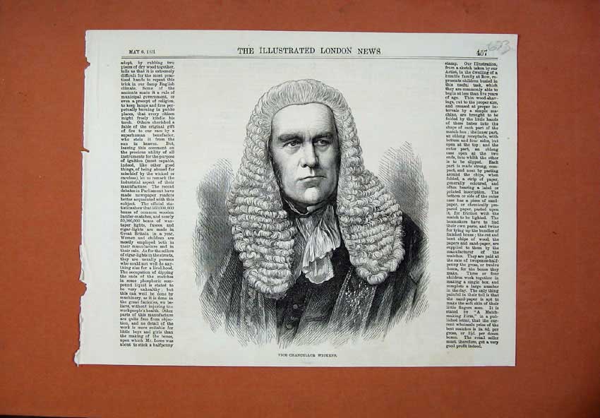 Original Old Antique Print 1871 Portrait Vice-Chancellor Wickens Man Art 19th