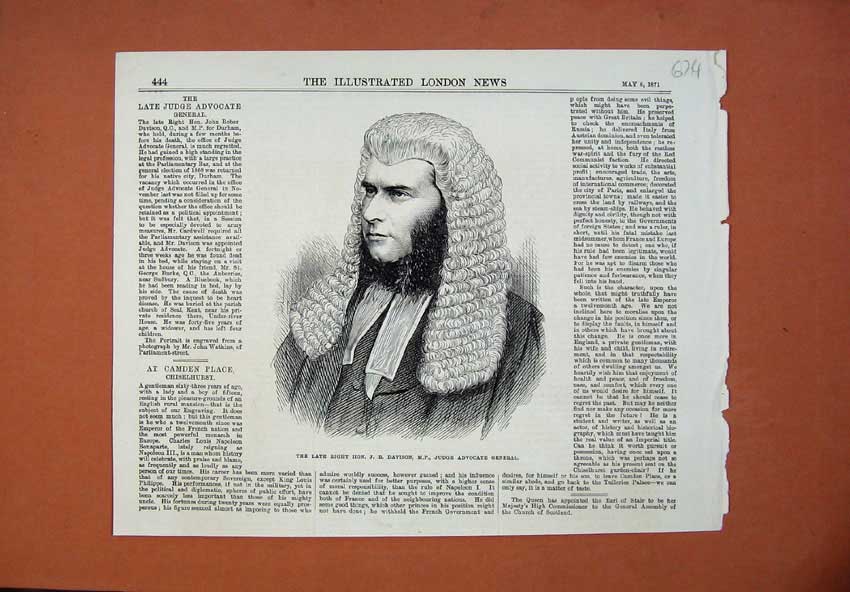 Original Old Antique Print 1871 Portrait Davidson Judge Advocate General Man