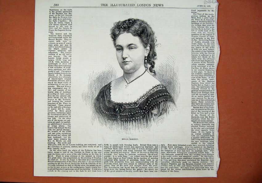 Original Old Antique Print 1871 Portrait Beautiful Woman Mdlle Marimon 19th