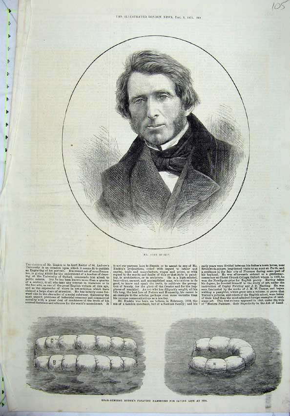 Old Antique Print 1871 Portrait John Ruskin Rector Ryder Floating Hammock 19th