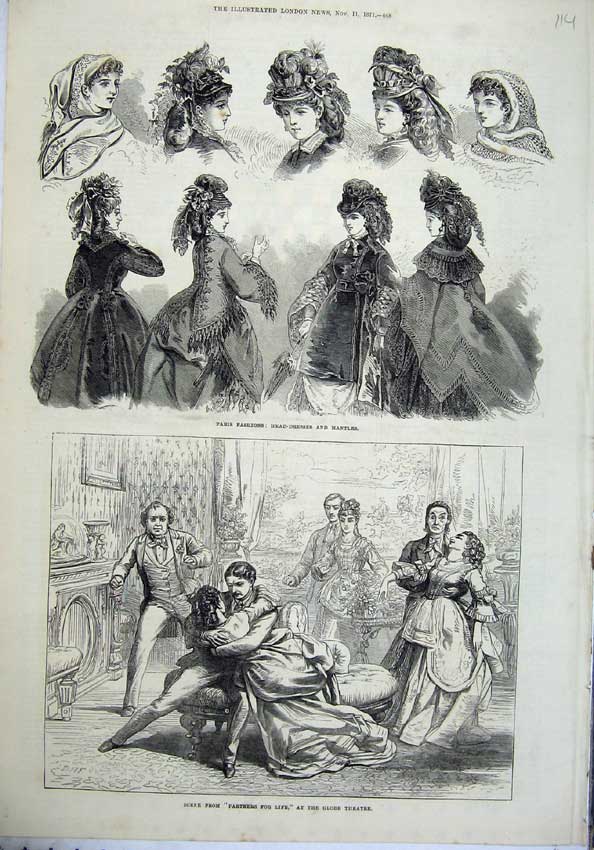 Original Old Antique Print 1871 Paris Fashion Head-Dress Mantles Globe Theatre