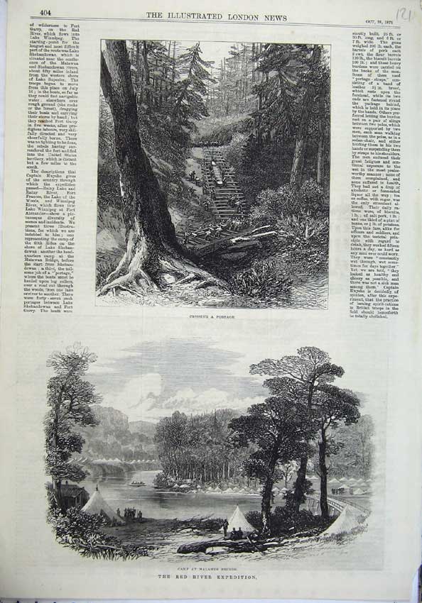 Old Antique Print Red River Expedition 1871 Camp Malawin Bridge Portage 19th