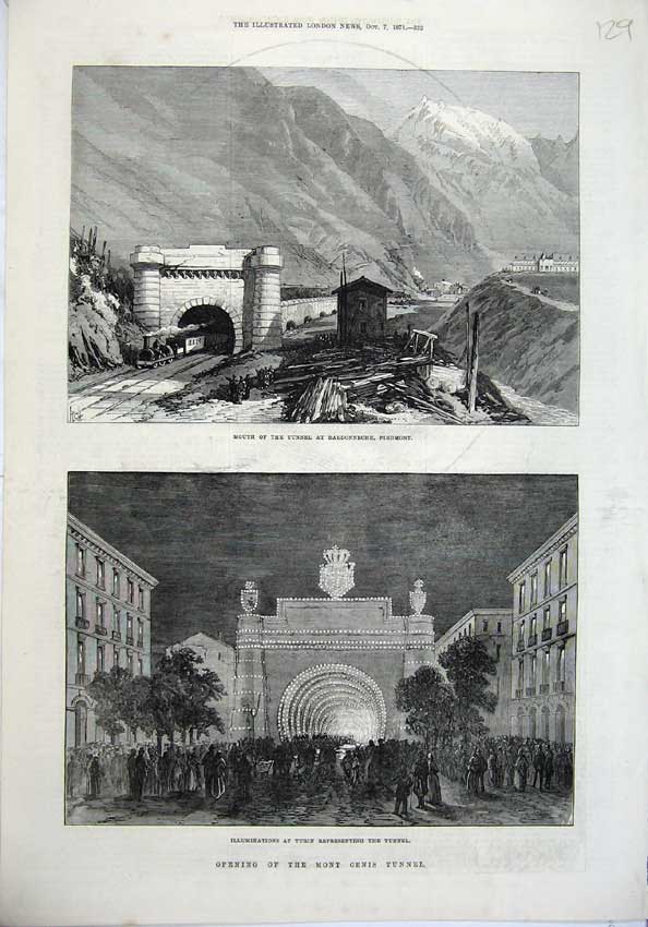 Original Old Antique Print 1871 Mont Cenis Tunnel Bardonneche Piedmont Fine Art