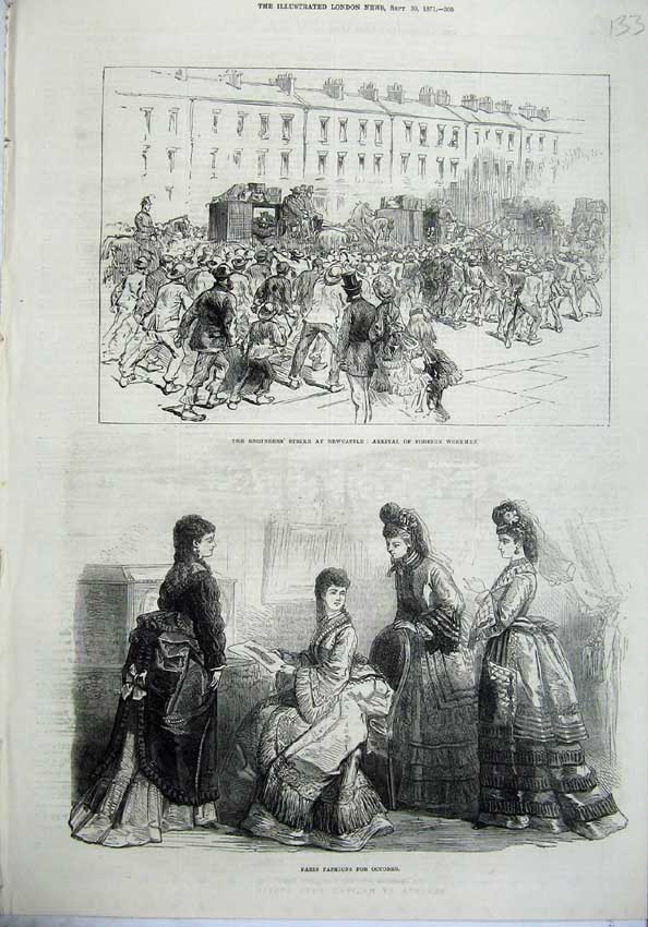 Old Antique Print Paris Fashion 1871 Engineers Strike Newcastle Workmen 19th