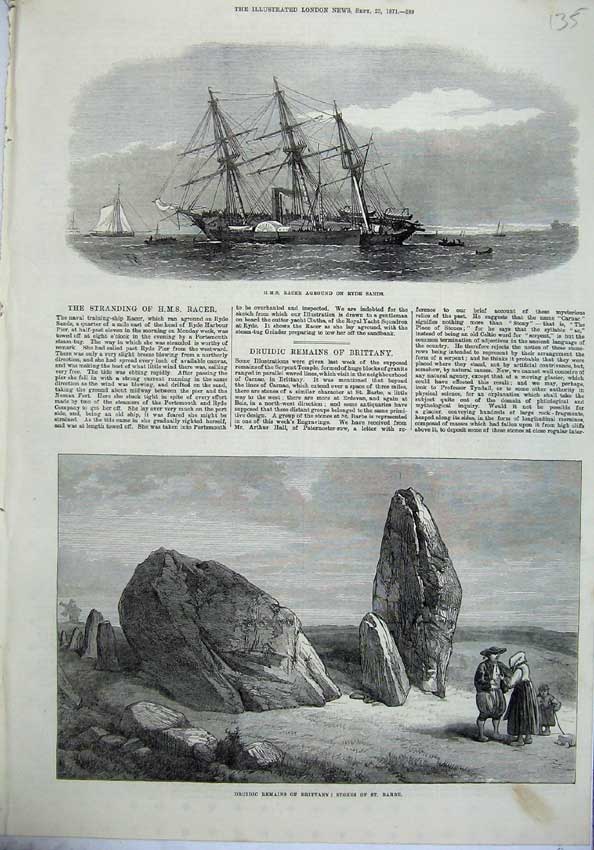 Old Antique Print Ship Racer Ryde Sands1871 Druidic Brittany Stones Barbe 19th