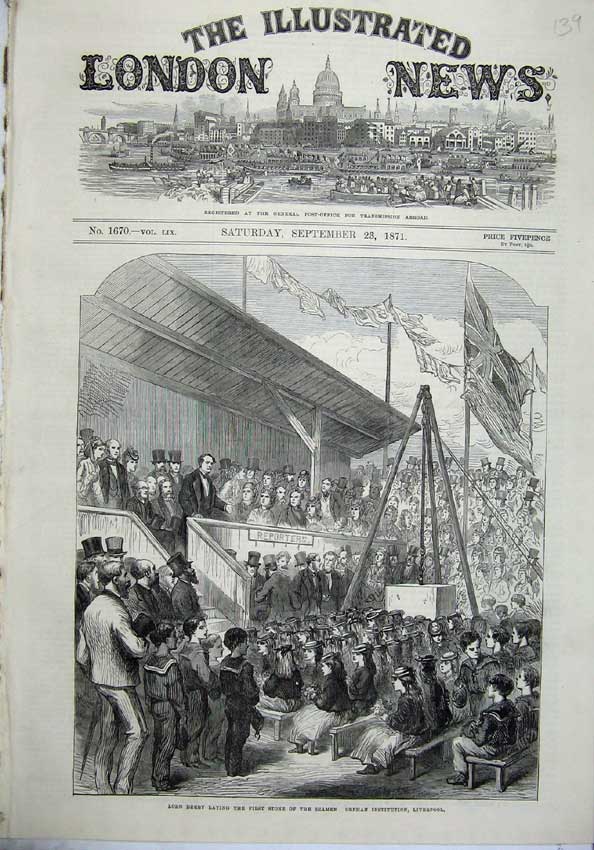 Original Old Antique Print 1871 Lord Derby Seamen Orphan Institution Liverpool