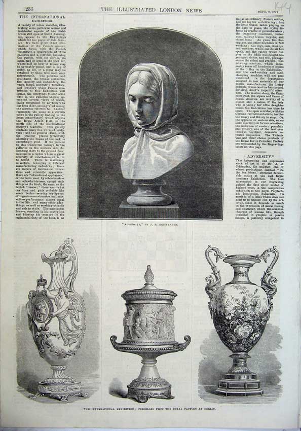 Old Antique Print 1871 Bust Adversity Porcelain Royal Factory Berlin Art 19th