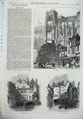 Original Old Antique Print Abbevill 1871 St Wolfran Canal Houses Boats Fine Art