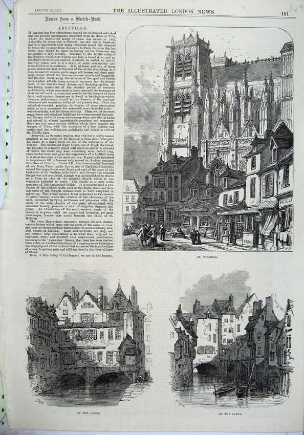 Original Old Antique Print Abbevill 1871 St Wolfran Canal Houses Boats Fine Art