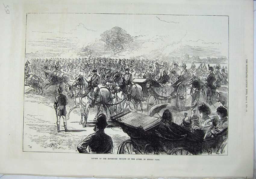 Original Old Antique Print 1871 Review HousehBrigade Queen Bushey Park Art 19th