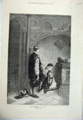Old Antique Print Fine Art 1871 Man Little Girl Praying Tomb Church Huard 19th