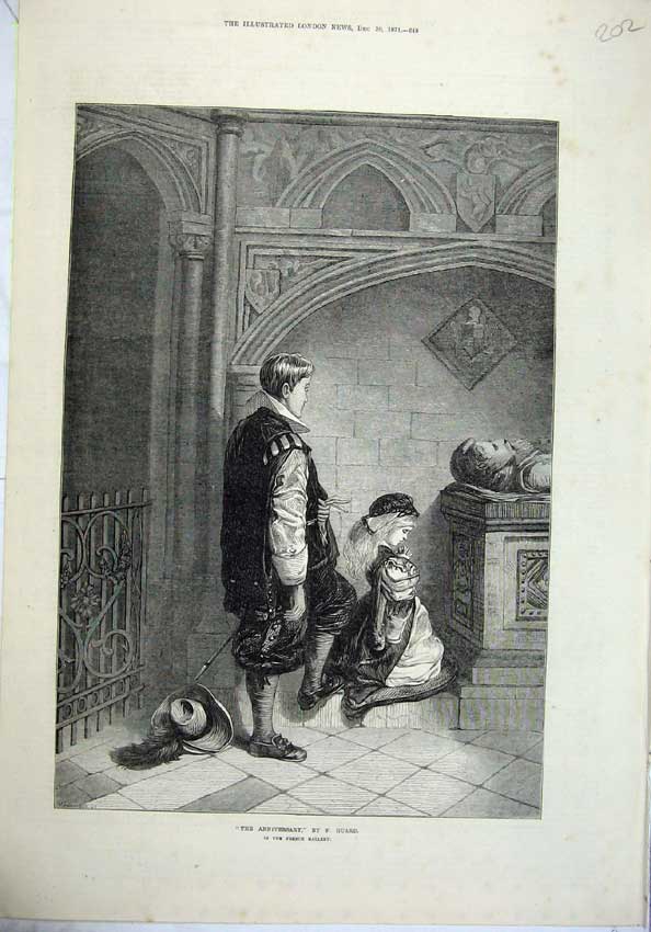 Old Antique Print Fine Art 1871 Man Little Girl Praying Tomb Church Huard 19th
