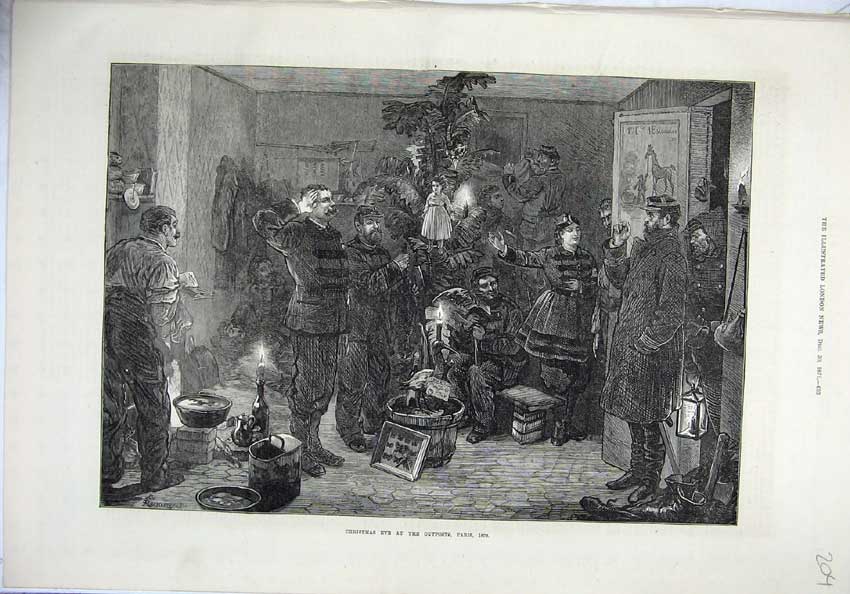 Old Antique Print 1871 Fine Art Christmas Eve Outpost Paris France Army 19th