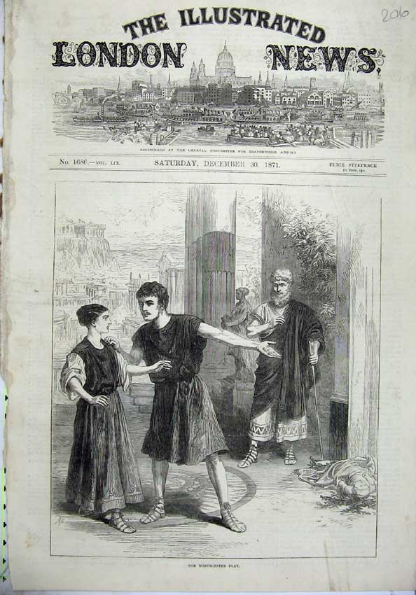 Original Old Antique Print 1871 Scene Westminster Play Theatre Romance Baby