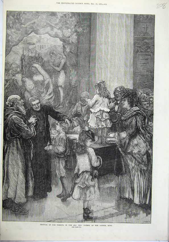 Old Antique Print 1871 Festival Presepe Ara Church Capitol Rome Children 19th