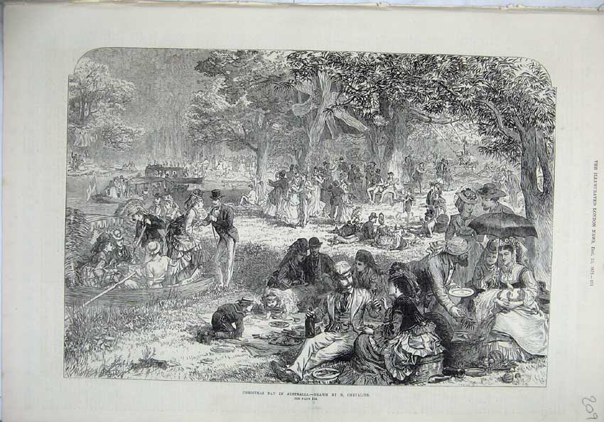 Old Antique Print 1871 Christmas Day Australia Families Picnic Park Lake 19th
