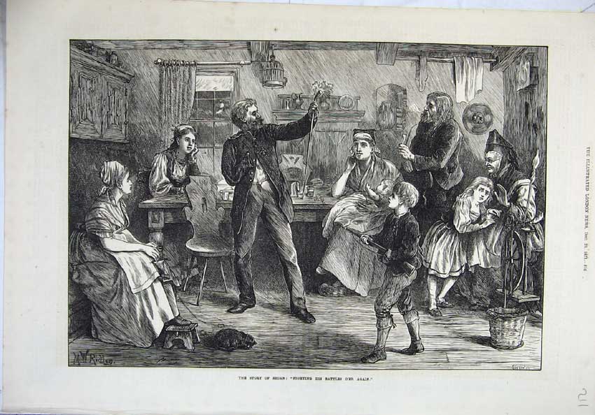 Original Old Antique Print 1871 Fine Art Story Sedan Man Children House Family