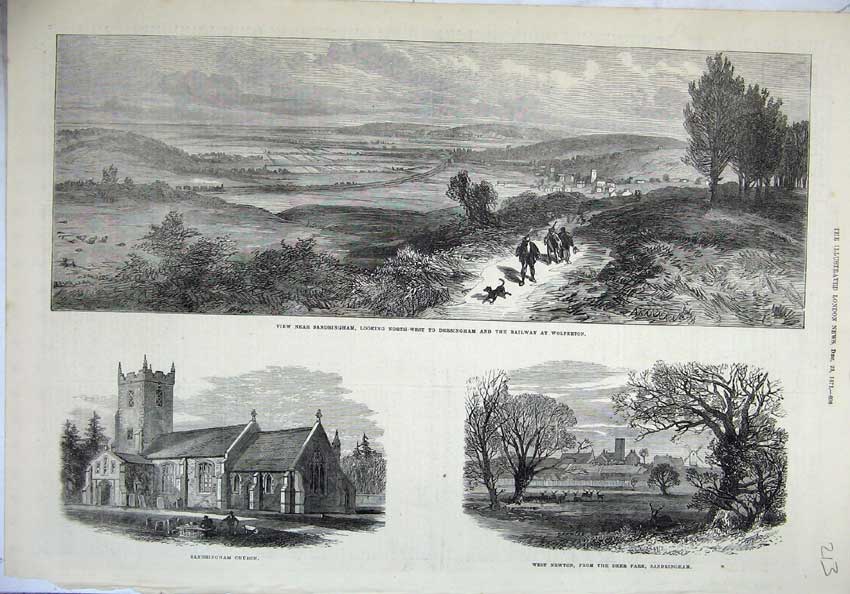 Original Old Antique Print 1871 Sandringham Church Railway Woferton Newton Deer