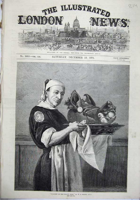 Original Old Antique Print 1871 Waitor Servant Bringing Boars Head Silver Plate