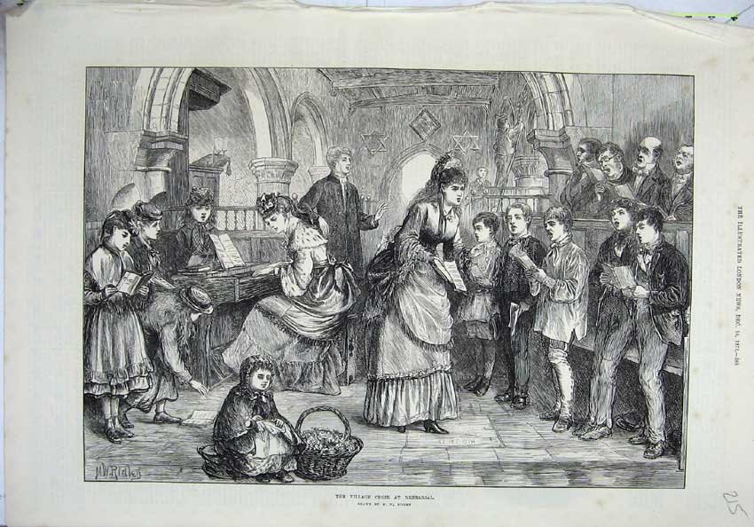 Original Old Antique Print 1871 Village Choir Rehearsal Church Children Music