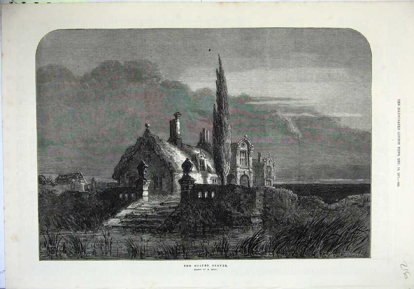 Original Old Antique Print Fine Art 1871 Moated Grange Mansion House Lake 19th