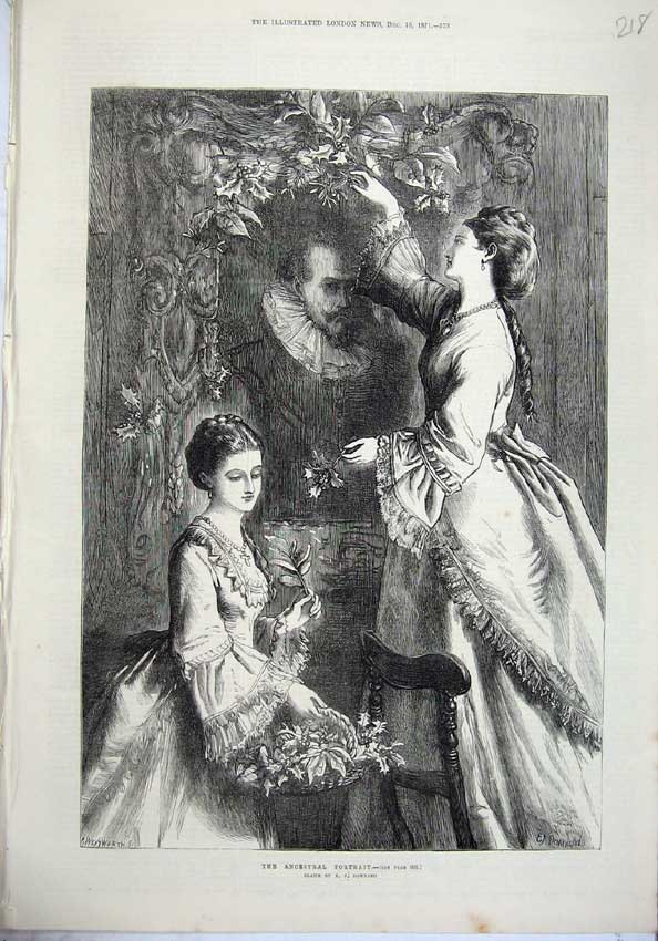 Old Antique Print 1871 Fine Art Ancestral Portrait Painting Flowers Girls 19th