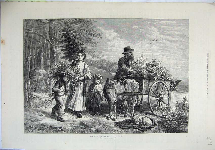 Old Antique Print 1871 Family Country Donkey Cart Picking Flowers Squire 19th