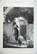 Original Old Antique Print 1871 Fine Art Holyoake Young Woman Doorstep Dog Gate