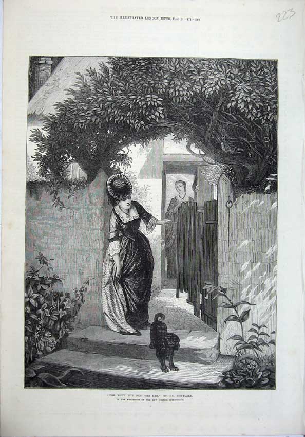 Original Old Antique Print 1871 Fine Art Holyoake Young Woman Doorstep Dog Gate