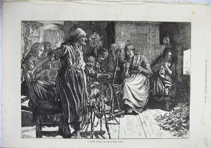 Original Old Antique Print 1871 Fine Art Winter Evening Bavarian Tyrol Women