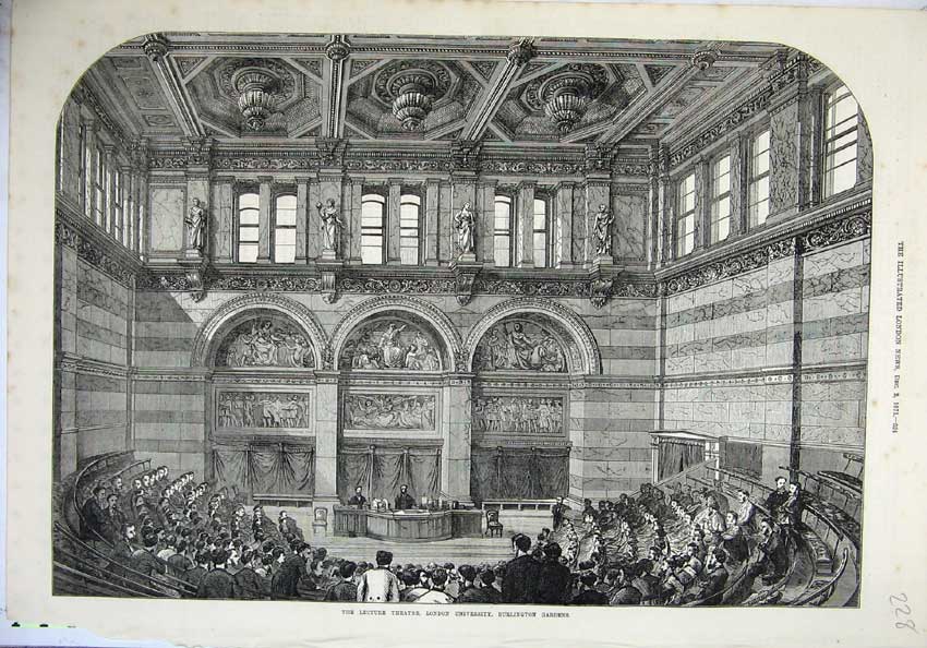 Old Antique Print 1871 Lecture Theatre London University Burlington Art 19th