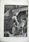 Old Antique Print Fine Art 1871 Family Fire Cooking Soup Children Caslon 19th