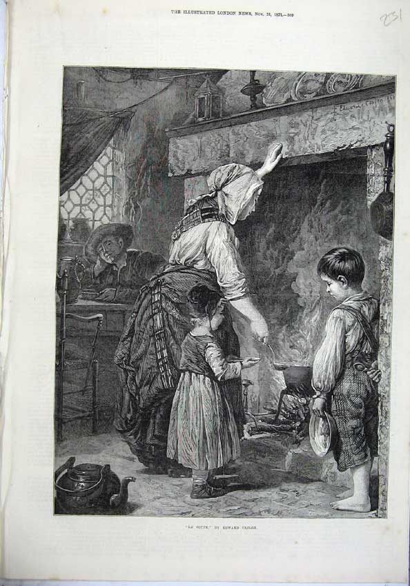 Old Antique Print Fine Art 1871 Family Fire Cooking Soup Children Caslon 19th