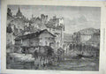 Original Old Antique Print 1871 Fine Art Tanneries Rhone Geneva House Boats