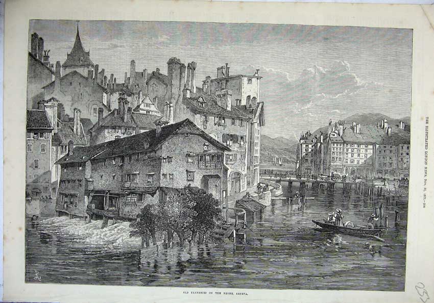 Original Old Antique Print 1871 Fine Art Tanneries Rhone Geneva House Boats