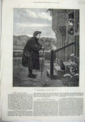 Original Old Antique Print 1871 Men Village Gossip Cat Doorstep Fine Art Marks