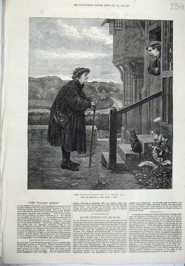 Original Old Antique Print 1871 Men Village Gossip Cat Doorstep Fine Art Marks