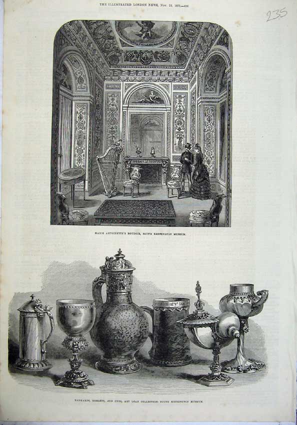 Old Antique Print 1871 Marie Antoinette'S Boudoir Kensington Museum Cups 19th