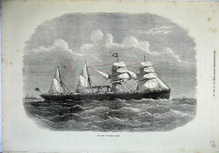 Original Old Antique Print 1871 New Steam Sailing Ship Egypt Sea Fine Art 19th