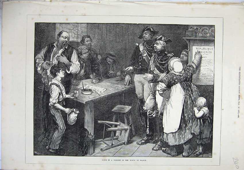 Old Antique Print 1871 Scene Cabaret France Children Men Uniform Fine Art 19th