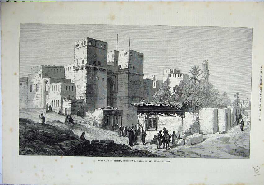 Original Old Antique Print 1871 Gate Victory Cairo Egypt People Dudley Gallery