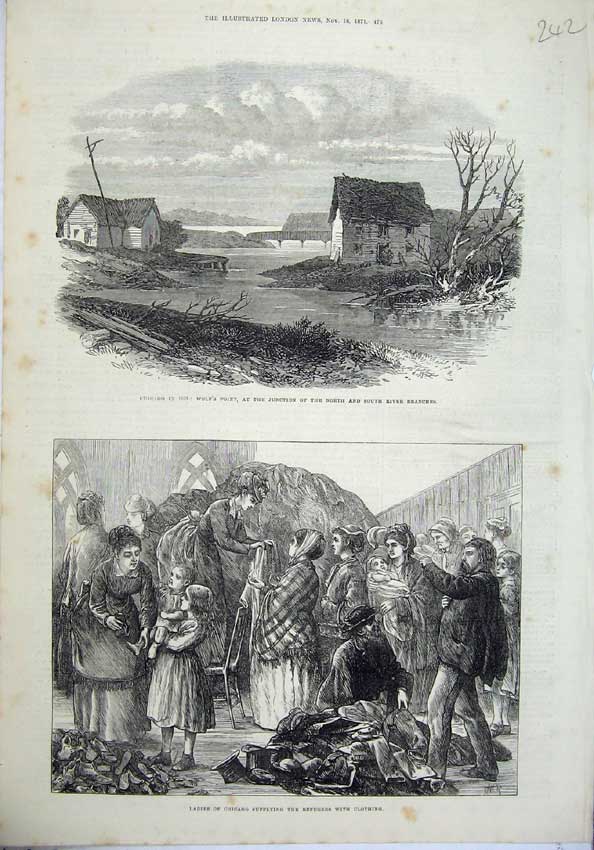 Original Old Antique Print 1871 Chicago Wolf'S Point River Branches Refugees