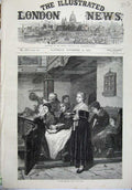 Original Old Antique Print 1871 Fine Art Devine Service Women Men Church Bible