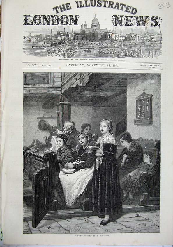 Original Old Antique Print 1871 Fine Art Devine Service Women Men Church Bible