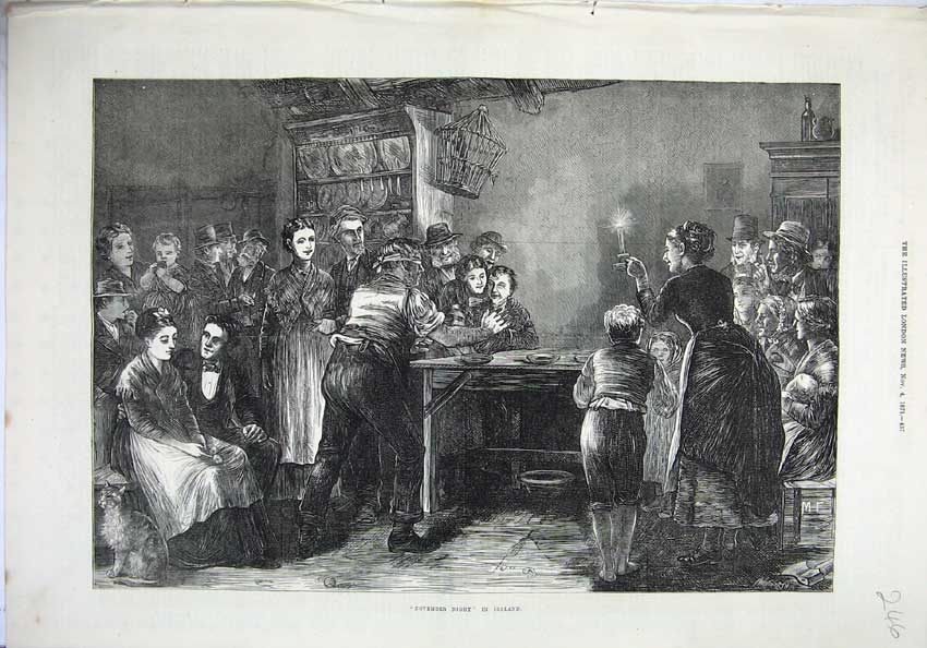 Original Old Antique Print 1871 Fine Art Ireland BlindfMan Game Candle Light