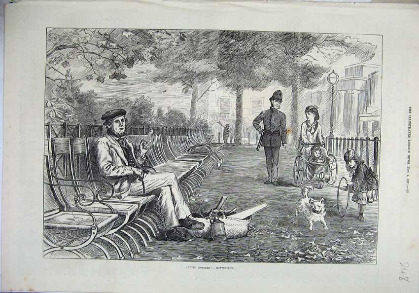 Old Antique Print 1871 October Man Sitting Park Policeman Woman Baby Dog 19th