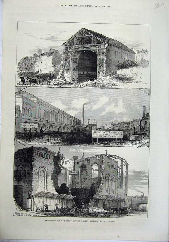 Original Old Antique Print 1871 Demolitions Great Eastern Railway Extensions