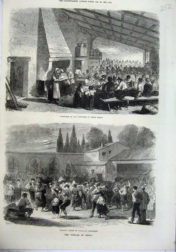 Original Old Antique Print 1871 Wine Medoc Vineyards Labourers France Art 19th